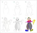 Page shows how to learn step by step to draw cute smiling clown. Developing children skills for drawing and coloring.