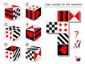 Logic puzzle game for smartest. Need to find the cube which matches to the template. Printable page for brainteaser book. Royalty Free Stock Photo