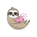 Kawaii sloth holding heart for Valentines day card.