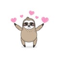 Kawaii sloth and hearts for Valentines day card.