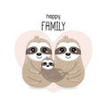 Happy sloth bear family in cartoon style.