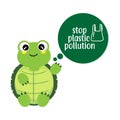 Turtle say no to plastic. Plastic pollution in ocean environmental problem.