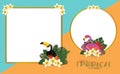 Tropical summer frame design with exotic palm leaves, Hibiscus flowers, Toucan and Flamingo