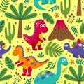 Yellow seamless pattern with cute dinosaurs