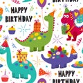 Seamless pattern with cute dinosaurs Happy Birthday on white background Royalty Free Stock Photo