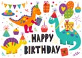 Set of isolated cute dinosaurs Happy Birthday