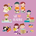 We love reading. a group of Kids reading the book. Child doing a homework.boy and girl reading the book. I love reading. think up,