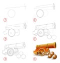 Page shows how to learn step by step to draw cannon, type of military gun used in artillery. Royalty Free Stock Photo