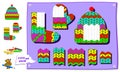 Logic puzzle game for kids. Find suitable piece of knitted fabric and draw in empty places of clothes.