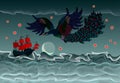Background with fantastic illustration of ancient sailboat and flying fairy tale fire-bird. Stormy sea waves.