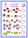 Educational page for children on addition and subtraction. Solve examples, count the quantity of insects and write numbers.