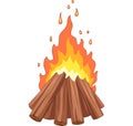 Campfire with woodpile on white background