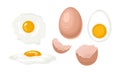 Chicken eggs set. Whole chicken egg in brown shell, half boiled egg with yolk, fried egg, broken egg shell.