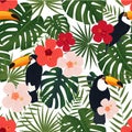 Seamless tropical pattern, monstera and palm leaves, bright chinese rose flowers, toucan birds on a white background.