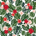 Seamless tropical pattern, monstera and palm leaves, bright chinese rose flowers on a white background.