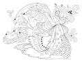 Black and white page for coloring book. Fantasy drawing of dancing Celtic girl in beautiful dress.