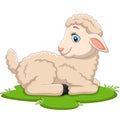 Cartoon happy lamb sitting on the grass