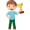 Cartoon little boy holding gold trophy