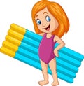 Cartoon girl in a swimsuit holding inflatable mattress