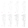 Creation step by step pencil drawing. Page shows how to learn draw sketch of imaginary standing woman figure. Royalty Free Stock Photo