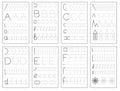 Set of black and white educational pages on line for kids book. Trace alphabet letters from A to F. Royalty Free Stock Photo