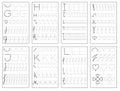 Set of black and white educational pages on line for kids book. Trace alphabet letters from G to L.