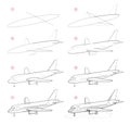 Creation step by step pencil drawing. Page shows how to learn draw sketch of modern passenger aircraft.