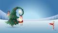 Santa Claus and Reinder with Christmas tree on winter landscape at night Royalty Free Stock Photo