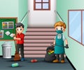 Cartoon janitor man cleaning school hallway Royalty Free Stock Photo