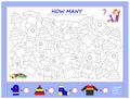 Educational page for little children on math. Find animals, paint them, count the quantity and write numbers in circles.