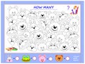 Educational page for little children on math. Find animals, paint them, count the quantity and write numbers in circles.