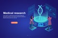 Isometric medical research for web landing page. Doctor and assistant are research DNA chromosome in biotechnology and nano labora