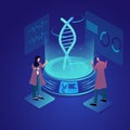 Isometric medical research for web landing page. Doctor and assistant are research DNA chromosome in biotechnology and nano labora Royalty Free Stock Photo