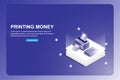 Business and financial landing page. Isometric 3D printer idea to money isolated on futuristic blue background.