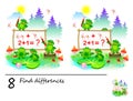 Logic puzzle game for children. Need to find 8 differences. Printable page for kids brainteaser book.