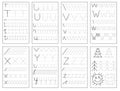 Set of black and white educational pages on line for kids book. Trace alphabet letters from T to Z. Royalty Free Stock Photo