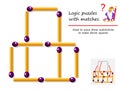 Logical puzzle game with matches. Need to move three matchsticks to make eleven squares. Printable page for brainteaser book.