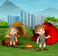 Cartoon kids in explorer outfit camping out at city park Royalty Free Stock Photo