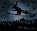 Happy halloween background with cemetery and witch, vector Royalty Free Stock Photo