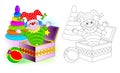 Colorful and black and white pattern for coloring. Set of cute baby toys with clown, ball and pyramid.