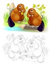 Fantasy illustration of couple cute of beavers gnawing tree trunk. Colorful and black and white page for coloring book for kids.