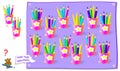 Logical puzzle game for kids. Find two identical sets of pencils. Printable page for baby brainteaser book or periodical journal.