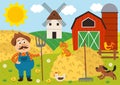 Farmer stands in the barnyard with pitchfork and pets