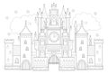Fantasy drawing of medieval Gothic castle in Western Europe. Fairyland kingdom. Black and white page for coloring book. Royalty Free Stock Photo
