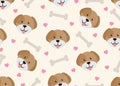 Seamless pattern of cute face dog with dog bone and heart shape background