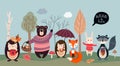 Autumnal poster/banner with funny animals on seasonal background Royalty Free Stock Photo