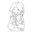 A lovely vector cartoon of Jesus holding a sheep to his chest with love. Coloring page. Black and white picture