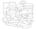 Black and white page for baby coloring book. Drawing of little boy and girl reading the books and fairy tales. Royalty Free Stock Photo