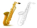 Colorful and black and white pattern for coloring. Fantasy illustration of metal wind musical instrument saxophone.