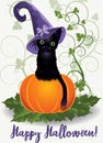 Happy Halloween wallpaper. Witch black cat and pumpkin, vector